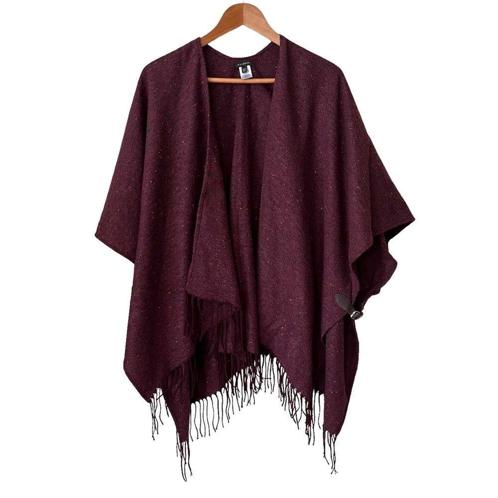 Talbots Womens Fringed Shawl Poncho Cape Burgundy Tweed Sweater Knit M/L M L